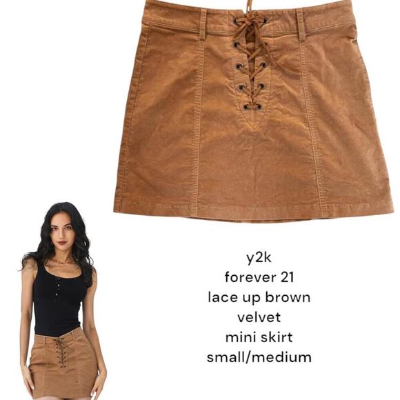 y2k 2000's vtg.‎ forever 21 tan lace up mini velvet skirt small- medium - Picture 1 of 7